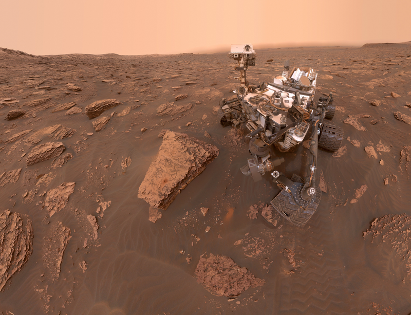 A self-portrait by NASA’s Curiosity rover, taken on June 15, 2018. Check out the dusty horizon line, and the lower-than-usual lighting.